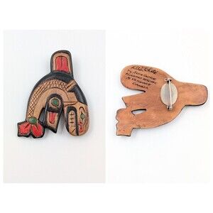 Artie George Signed Killer Whale Brooch Carved Yellow Cedar Salish First Nations